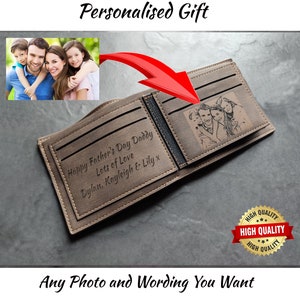 Portefeuille marron personnalisé avec photo pour homme - Cadeau unique - Texte et photo personnalisés - Papa, grand-père, beau-père, oncle, parrain, fils