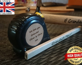 Personalised Laser Engraved Measuring Tape, Hammer & Pencil Father Custom Birthday Gift