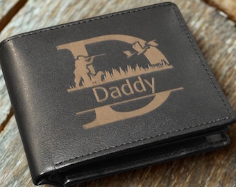 UK Personalised Black Leather Trifold Wallet, Engraved Initials Monogram Design
