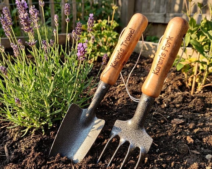 Personalised Heavy Duty Garden Tool Set - Carbon Steel Fork and Shovel - Wooden Handle - Gardening gift