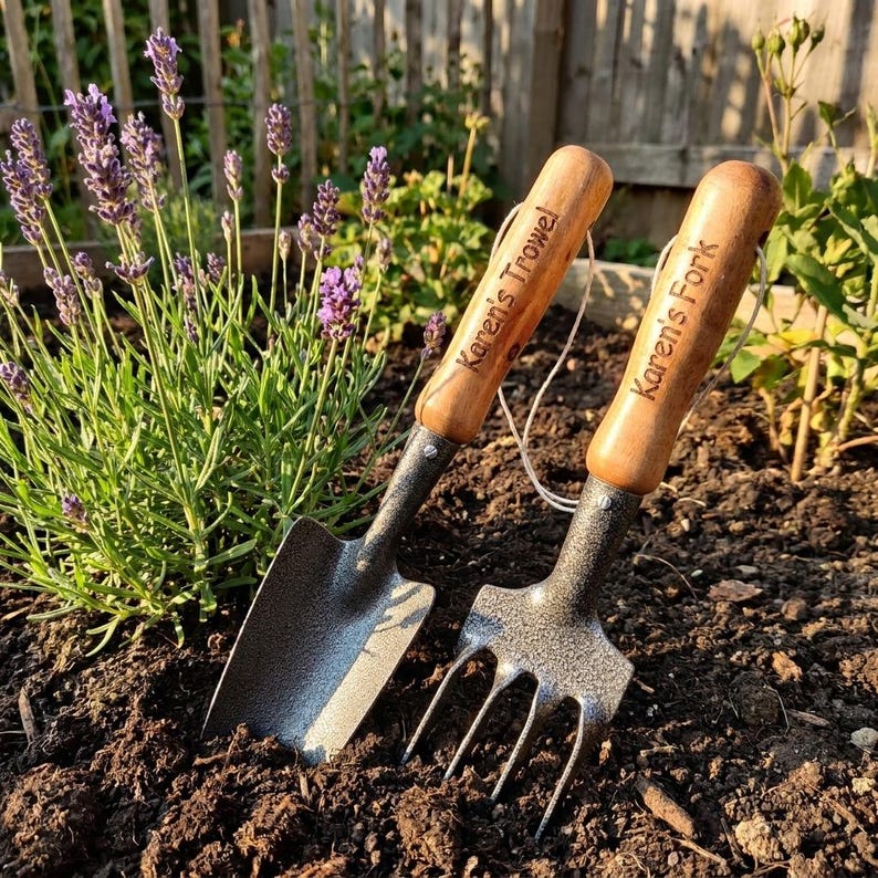 Puede incluir: Dos herramientas de jardiner&iacute;a, una paleta y un tenedor, se muestran en un parterre. Los mangos de madera de las herramientas llevan grabadas las inscripciones "Karen's Trowel" y "Karen's Fork". Las herramientas est&aacute;n plantadas en tierra oscura, con plantas de lavanda al fondo.