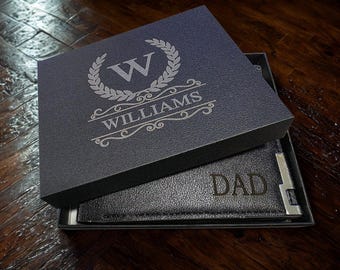 Personalised Mens Black Slim Leather Wallet, Engraved Monogram, Custom Initials Name, Customised Gift Box