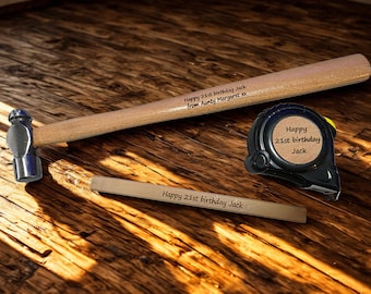 Personalised Laser Engraved Real Hand Tools (4oz Hammer, 3m tape measure and DIY Pencil)
