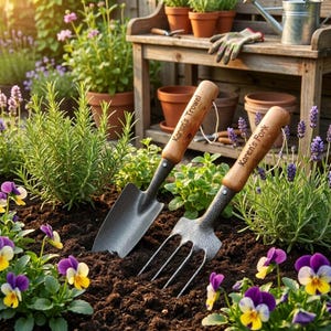 Puede incluir: Una escena de jard&iacute;n con una paleta y un tenedor, ambos con mangos de madera y la inscripci&oacute;n "Karen's". Las herramientas est&aacute;n colocadas en tierra oscura, rodeadas de flores y vegetaci&oacute;n. Un banco de madera y plantas en macetas est&aacute;n en el fondo.