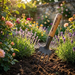 Puede incluir: Una horquilla de jard&iacute;n con mango de madera y p&uacute;as de metal est&aacute; plantada en tierra oscura. El mango tiene el texto "Jane's... so fork off!". El fondo presenta un jard&iacute;n con lavanda y flores coloridas.