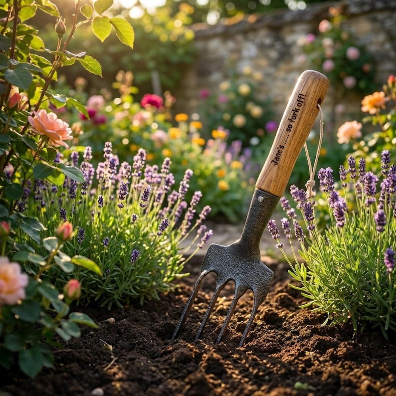 Puede incluir: Una horquilla de jard&iacute;n con mango de madera y p&uacute;as de metal est&aacute; plantada en tierra oscura. El mango tiene el texto "Jane's... so fork off!". El fondo presenta un jard&iacute;n con lavanda y flores coloridas.