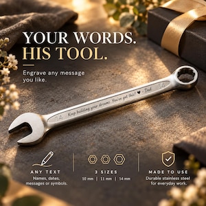 May include: A silver-coloured combination spanner with the number 14 engraved on both ends. The shaft features the custom engraving: Keep building your dreams. You've got this! ♥ - Dad. The text includes options for names, dates, and messages.