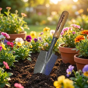 Puede incluir: Una paleta de jard&iacute;n con mango de madera y hoja de metal se muestra en un jard&iacute;n. La paleta est&aacute; parcialmente enterrada en tierra oscura, rodeada de flores en macetas en plena floraci&oacute;n. El texto "Andrew's Trowel @ 40" est&aacute; impreso en el mango.