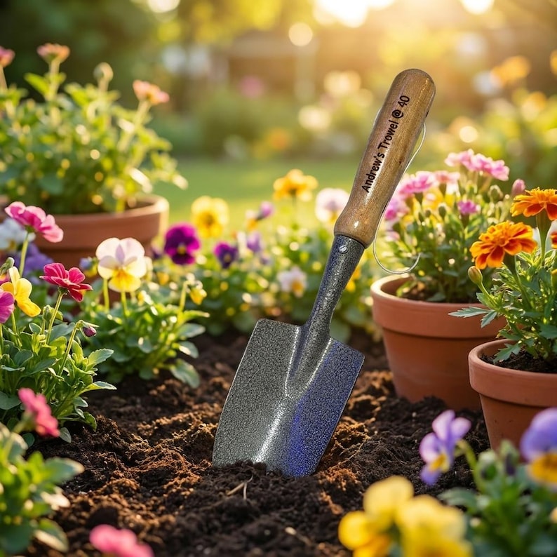 Puede incluir: Una paleta de jard&iacute;n con mango de madera y hoja de metal se muestra en un jard&iacute;n. La paleta est&aacute; parcialmente enterrada en tierra oscura, rodeada de flores en macetas en plena floraci&oacute;n. El texto "Andrew's Trowel @ 40" est&aacute; impreso en el mango.