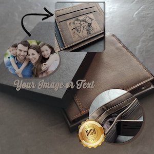 Men's Custom Photo Engraved Brown Wallet - Unique Gift - Personalised Text and Photo - Dad, Grandad, Stepdad, Uncle, Godfather, Son