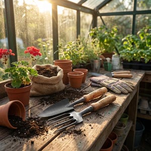 Puede incluir: Un banco de trabajo de madera r&uacute;stica en un invernadero, con herramientas de jardiner&iacute;a, macetas de terracota y un saco de yute con tierra. Geranios rojos en maceta y guantes de jardiner&iacute;a tambi&eacute;n son visibles. Las herramientas incluyen una paleta y un tenedor.