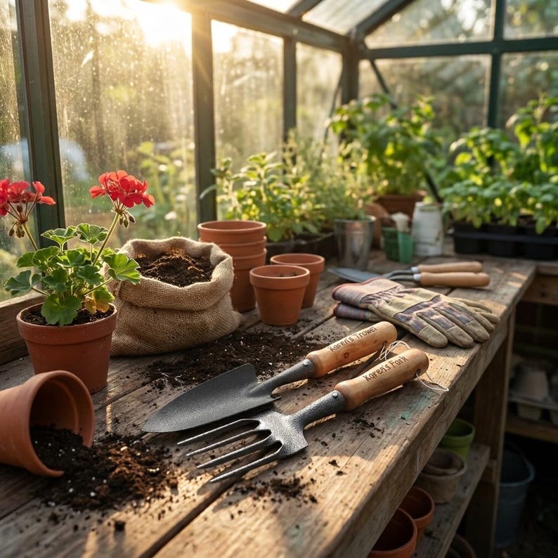 Puede incluir: Un banco de trabajo de madera r&uacute;stica en un invernadero, con herramientas de jardiner&iacute;a, macetas de terracota y un saco de yute con tierra. Geranios rojos en maceta y guantes de jardiner&iacute;a tambi&eacute;n son visibles. Las herramientas incluyen una paleta y un tenedor.