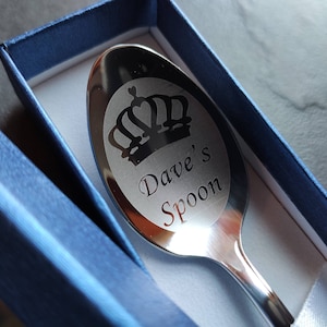 Personalised Laser Engraved Tea Coffee Spoon gift Custom name Crown Theme