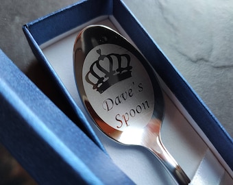 Personalised Laser Engraved Tea Coffee Spoon gift Custom name Crown Theme