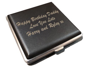 Laser Engraved Tobacco 20 Cigarette Black Tin Case Leather Personalised Gift Unusual