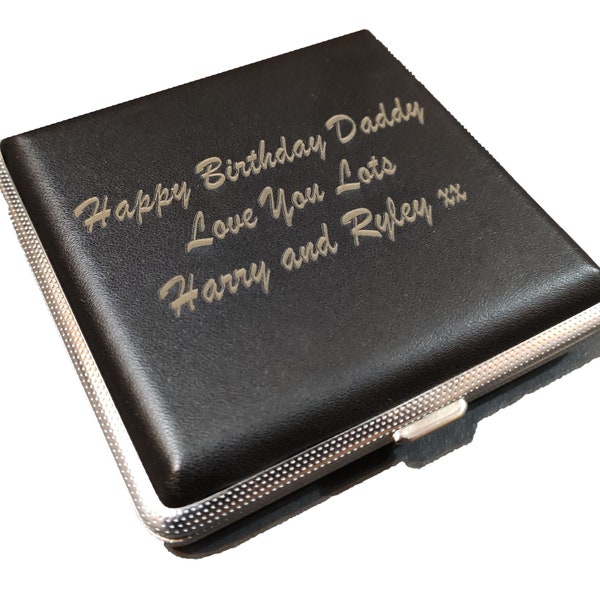 Laser Engraved Tobacco 20 Cigarette Black Tin Case Leather Personalised Gift Unusual