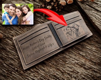 UK Personalised Photo - Text Laser Engraved Mens Brown Leather Wallet (Gift Box - Optional)