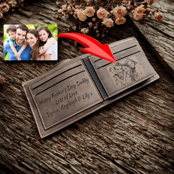 UK Personalised Photo - Text Laser Engraved Mens Brown Leather Wallet (Gift Box - Optional)