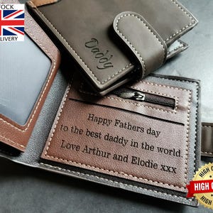 Personalised Laser Engraved Trifold Wallet for Dad, Engraved Father's Day, Birthday, Anniversary Gift, Brown, Photo and Text Customisable