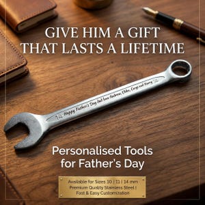 May include: A silver-coloured metal combination spanner with the engraved text '14 Happy Father's Day dad love Andrew, Chloe, Cerys and Harry'. The tool features an open-ended side and a ring-end side, with the number 14 visible on both ends.