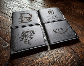 Personalised Wallet - Laser Engraved - Black - Slim - Custom - Mens - Leather - Bifold, Gift for Him