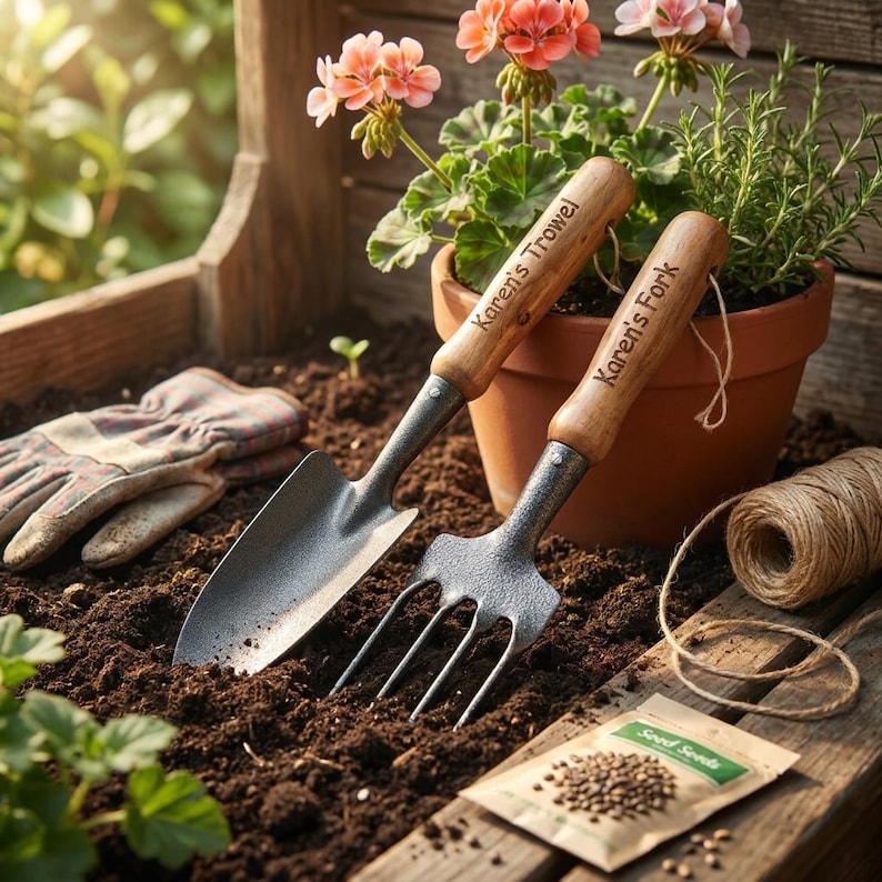 Puede incluir: Juego de herramientas de jardiner&iacute;a con una paleta y un tenedor con mangos de madera, etiquetados como "Karen's Trowel" y "Karen's Fork". Las herramientas descansan sobre tierra con un paquete de semillas, guantes de jardiner&iacute;a y un carrete de hilo. Un tiesto con flores rosas en el fondo.