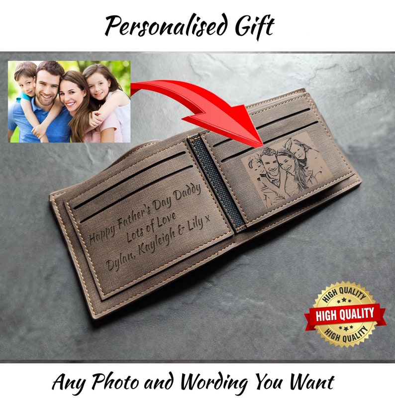 Men's Custom Photo Engraved Brown Wallet - Unique Gift for Men - Personalised text and Photo 