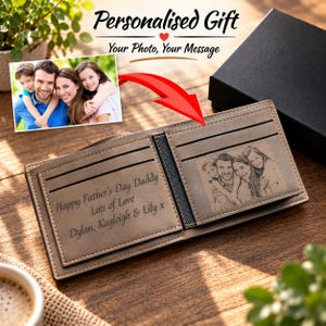 UK Personalised Photo - Text Laser Engraved Mens Brown Leather Wallet (Gift Box - Optional)