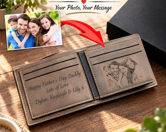 UK Personalised Photo - Text Laser Engraved Mens Brown Leather Wallet (Gift Box - Optional)