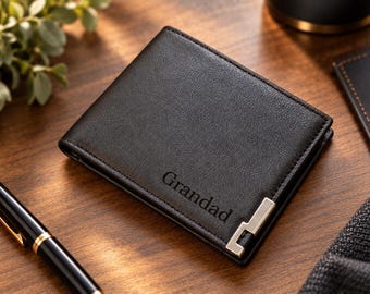 Personalised Wallet - Laser Engraved - Black - Slim - Custom - Mens - Leather - Bifold, Gift for Him