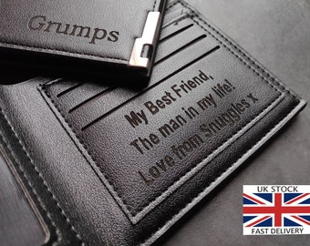 Personalized Custom Engraved Black Leather PU Wallet - Fathers Day, Grandad, Grumps, Daddy, Dad, Birthday, Anniversary Unique Gift