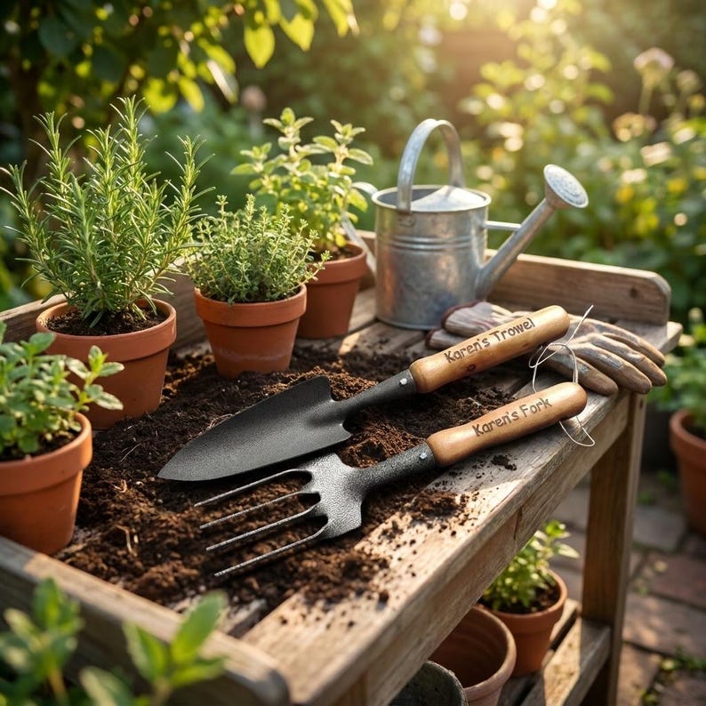 Puede incluir: Un banco de macetas de madera con herramientas de jardiner&iacute;a y hierbas en macetas. Las herramientas incluyen una paleta y un tenedor, ambos con mangos de madera y el texto "Karen's Trowel" y "Karen's Fork". Tambi&eacute;n hay una regadera de metal y guantes de jardiner&iacute;a.