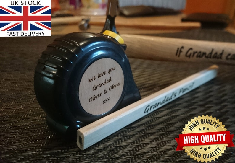 Personalised Laser Engraved Measuring Tape, Hammer & Pencil Father Custom Birthday Gift image 1