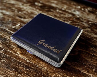 UK Personalised Tobacco 20 Cigarette Black Tin Case Leather