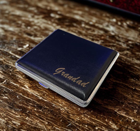 UK Personalised Tobacco 20 Cigarette Black Tin Case Leather