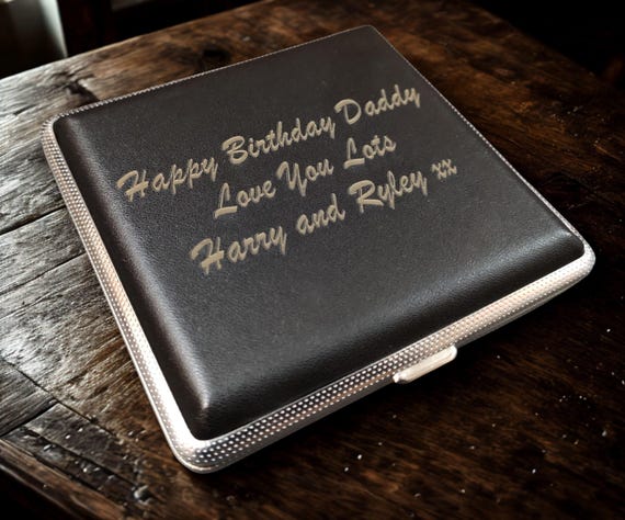 UK Personalised Tobacco 20 Cigarette Black Tin Case Leather