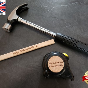 Personalised Laser Engraved Custom DIY Hammer/Tape/Pencil Tool Set - Unique Gift Idea - Surprise for Dad, Grandad, Husband, Son, Daddy, etc