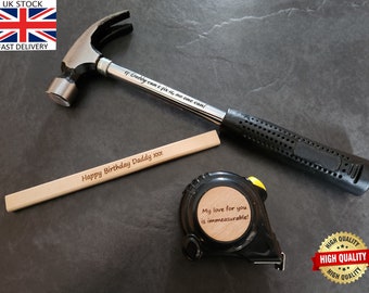 Personalised Laser Engraved Custom DIY Hammer/Tape/Pencil Tool Set - Unique Gift Idea - Surprise for Dad, Grandad, Husband, Son, Daddy, etc