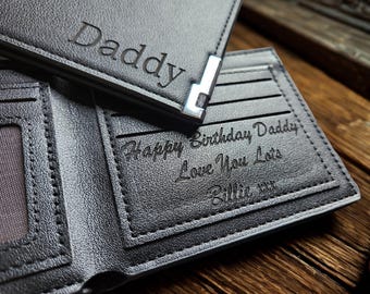 Personalised Leather Wallet for Men, Engraved Slim Black Wallet with Box
