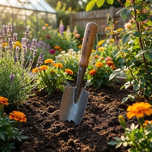 Puede incluir: Una paleta de jard&iacute;n con mango de madera y hoja de metal est&aacute; plantada en tierra oscura. El mango est&aacute; grabado con el texto "Andrew's Trowel @ 40". La paleta est&aacute; rodeada de flores naranjas y amarillas y follaje verde.