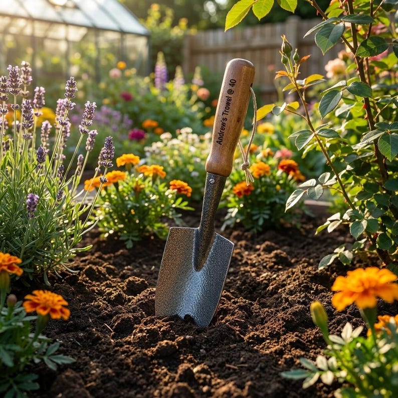 Puede incluir: Una paleta de jard&iacute;n con mango de madera y hoja de metal est&aacute; plantada en tierra oscura. El mango est&aacute; grabado con el texto "Andrew's Trowel @ 40". La paleta est&aacute; rodeada de flores naranjas y amarillas y follaje verde.
