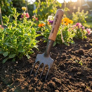 Puede incluir: Una horquilla de jard&iacute;n con mango de madera y p&uacute;as de metal est&aacute; plantada en tierra oscura. El mango est&aacute; grabado con el texto "Jane's... so fork off!" y tiene un lazo de cuerda. Flores coloridas y vegetaci&oacute;n en el fondo.