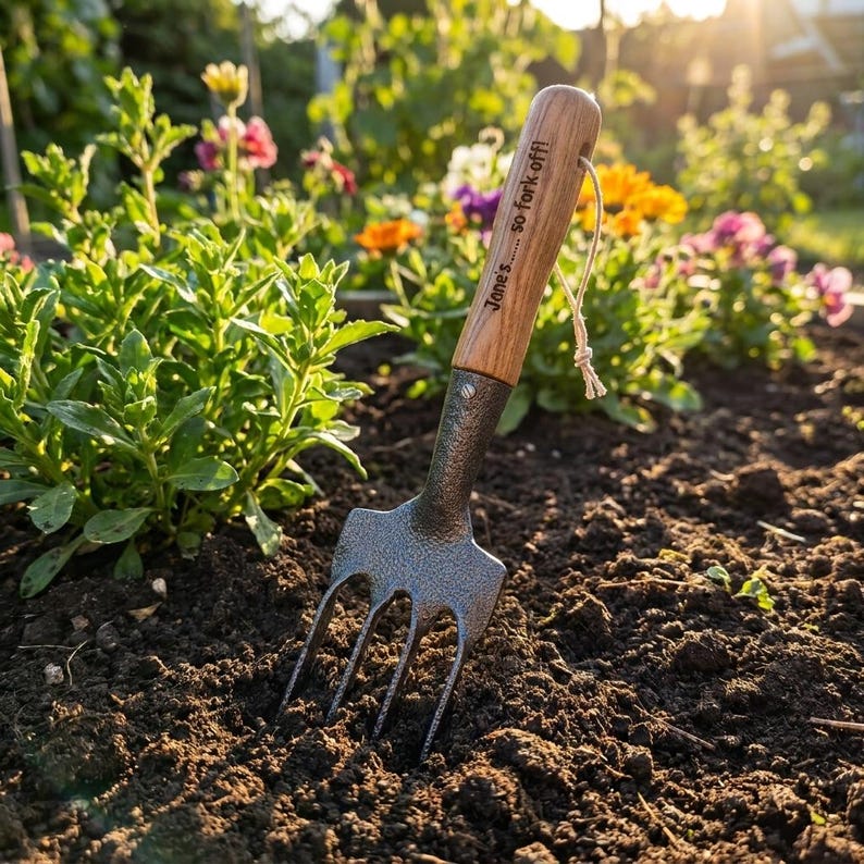 Puede incluir: Una horquilla de jard&iacute;n con mango de madera y p&uacute;as de metal est&aacute; plantada en tierra oscura. El mango est&aacute; grabado con el texto "Jane's... so fork off!" y tiene un lazo de cuerda. Flores coloridas y vegetaci&oacute;n en el fondo.