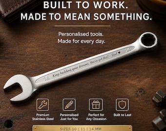 Personalised Custom Engraved Wrench Spanner Real Hand Tool Key (size 10mm, 11mm & 14 mm)