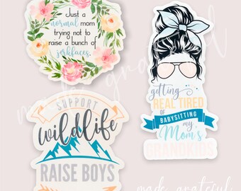 Funny Mom Waterproof Sticker Babysitting Mom&#39;s Grandkids Wildlife Raise Boys Not to Raise Jerkfaces Sticker for Water Bottle Laptop Journal