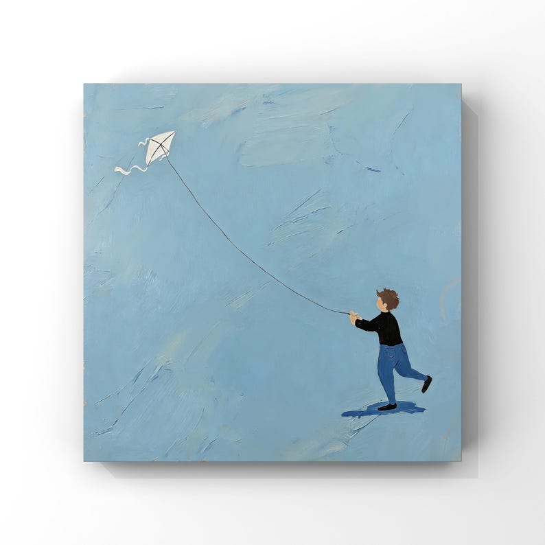 Original Oil Painting of the Boy Flying a Kite, Gold Frame Wall Decor ...