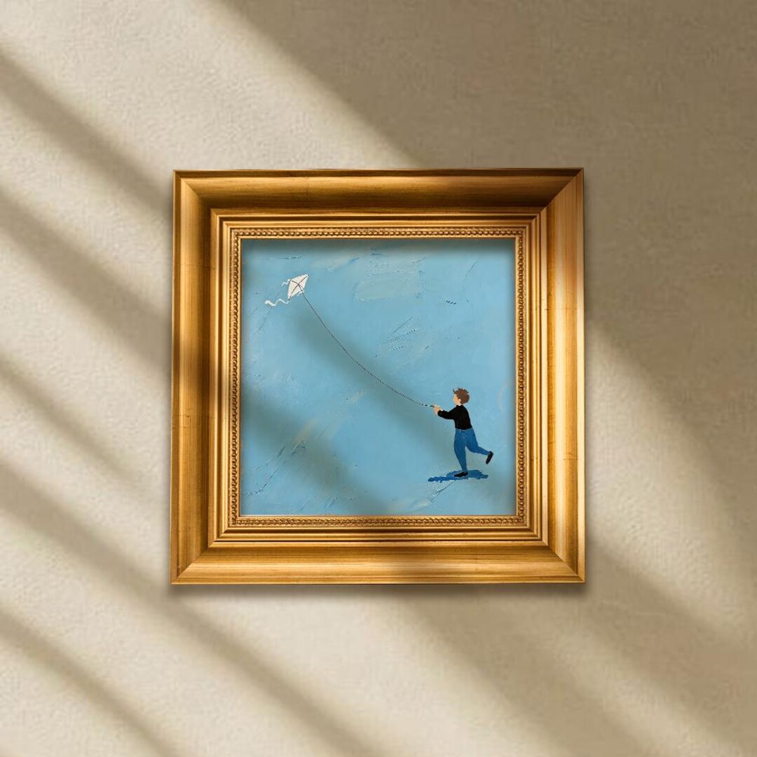 Original Oil Painting of the Boy Flying a Kite, Gold Frame Wall Decor ...