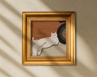 Gold Foil Oil Painting, Small Framed Original Art,4x4 Canvas Artwork, Gold Frame Wall Decor, Cat Miniature Oil Artwork for Home Decor, Gift