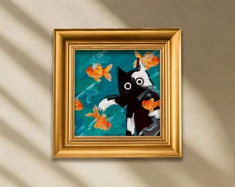 Gold Foil Oil Painting, Original Handmade Framed Art (4x4 in),Gifts for Cat Lovers, Funny Cat and Fish, Gold Frame Wall Decor,Canvas Artwork