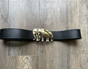 Vintage black leather belt with gold plated herd of elephants buckle